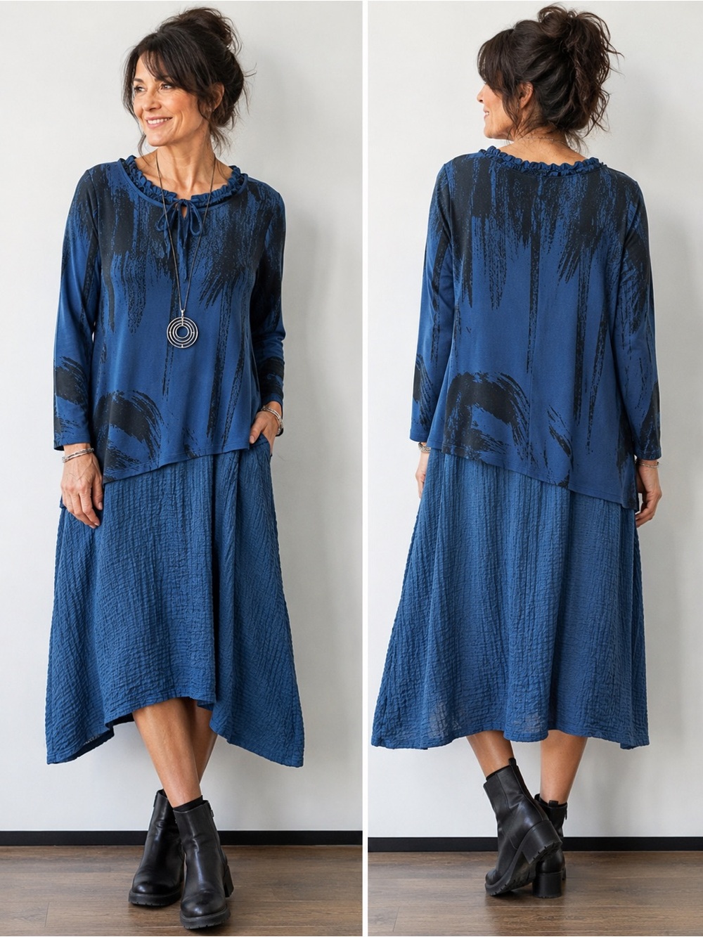 LUUKAA Night Blue Mixed Media Artsy Drawstring Neck Lagenlook Dress – US 8